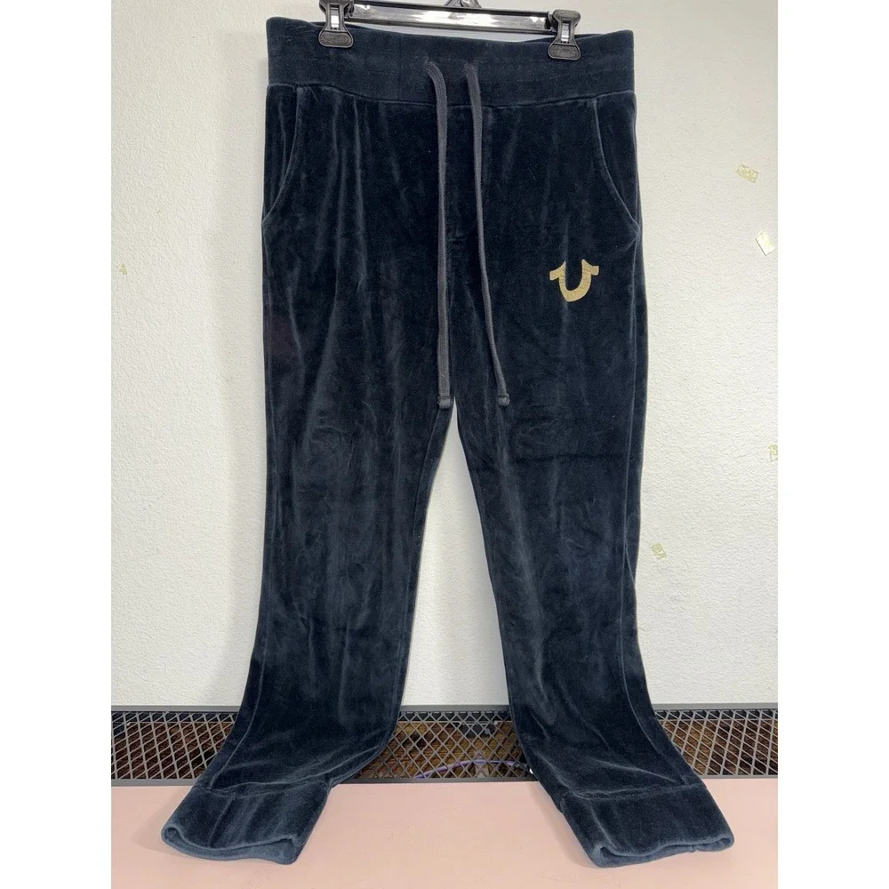 Vintage True Religion Pants S Black‎ Jogger Velour Sweatpants Gold Logo Athletic
